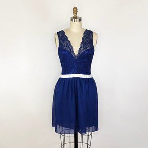 Blue Lace Dress with White Belt